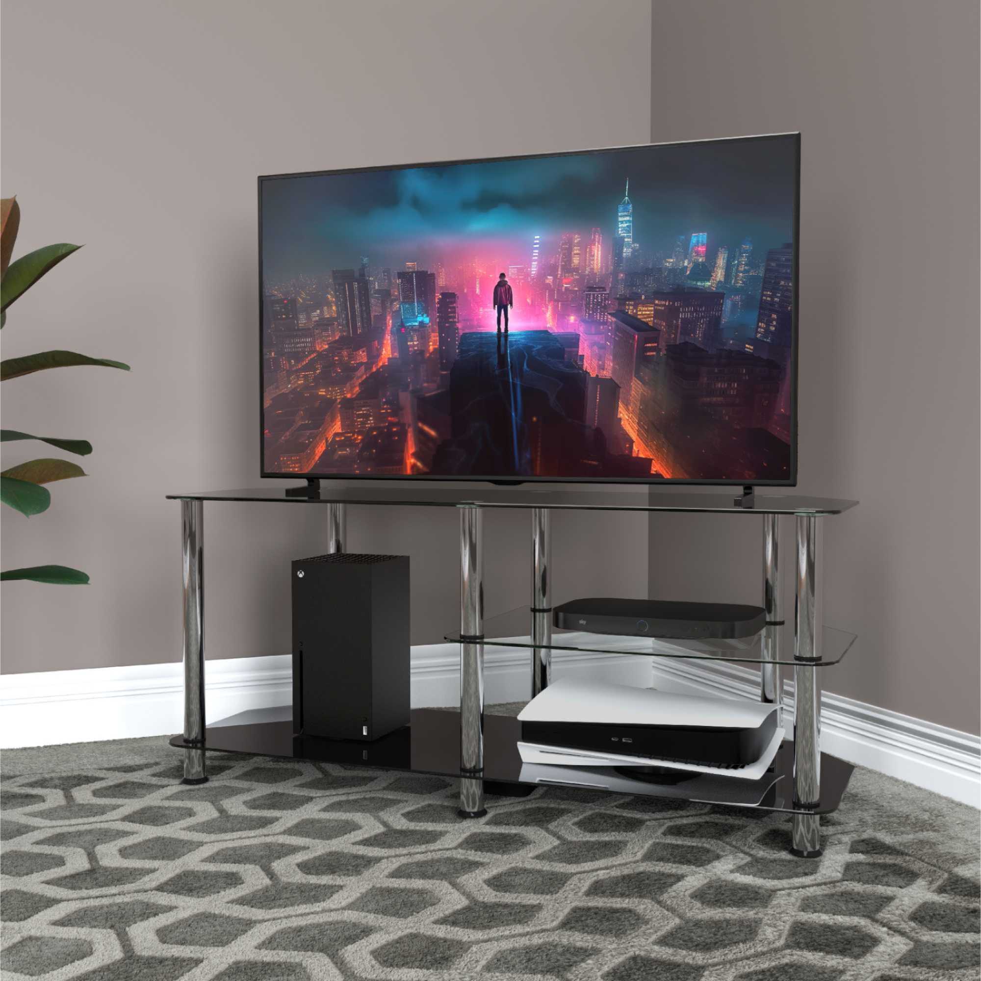 SDC1140-5 Glass TV Stand With Vertical Storage - Black/Chrome