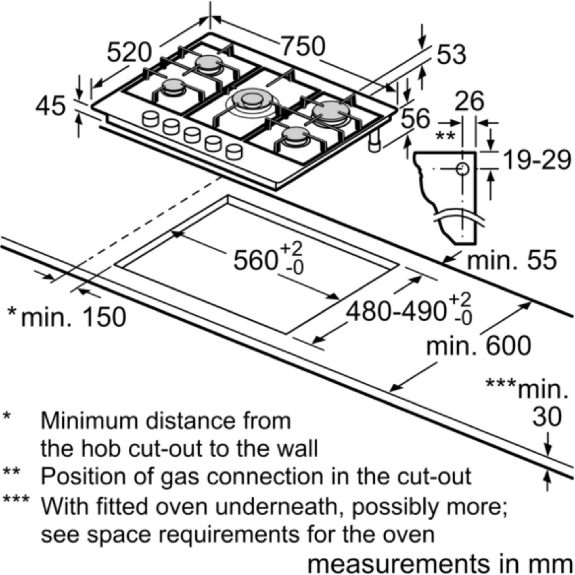 T27CIQ8S0 N70 75cm 5 Burner Gas Hob - Black