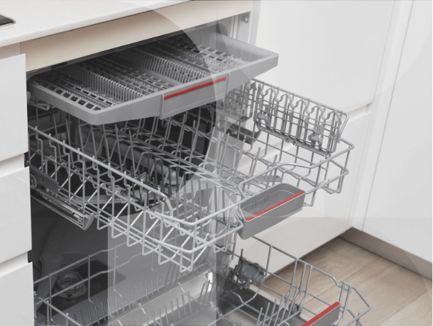 A dishwasher with a cutlery drawer.