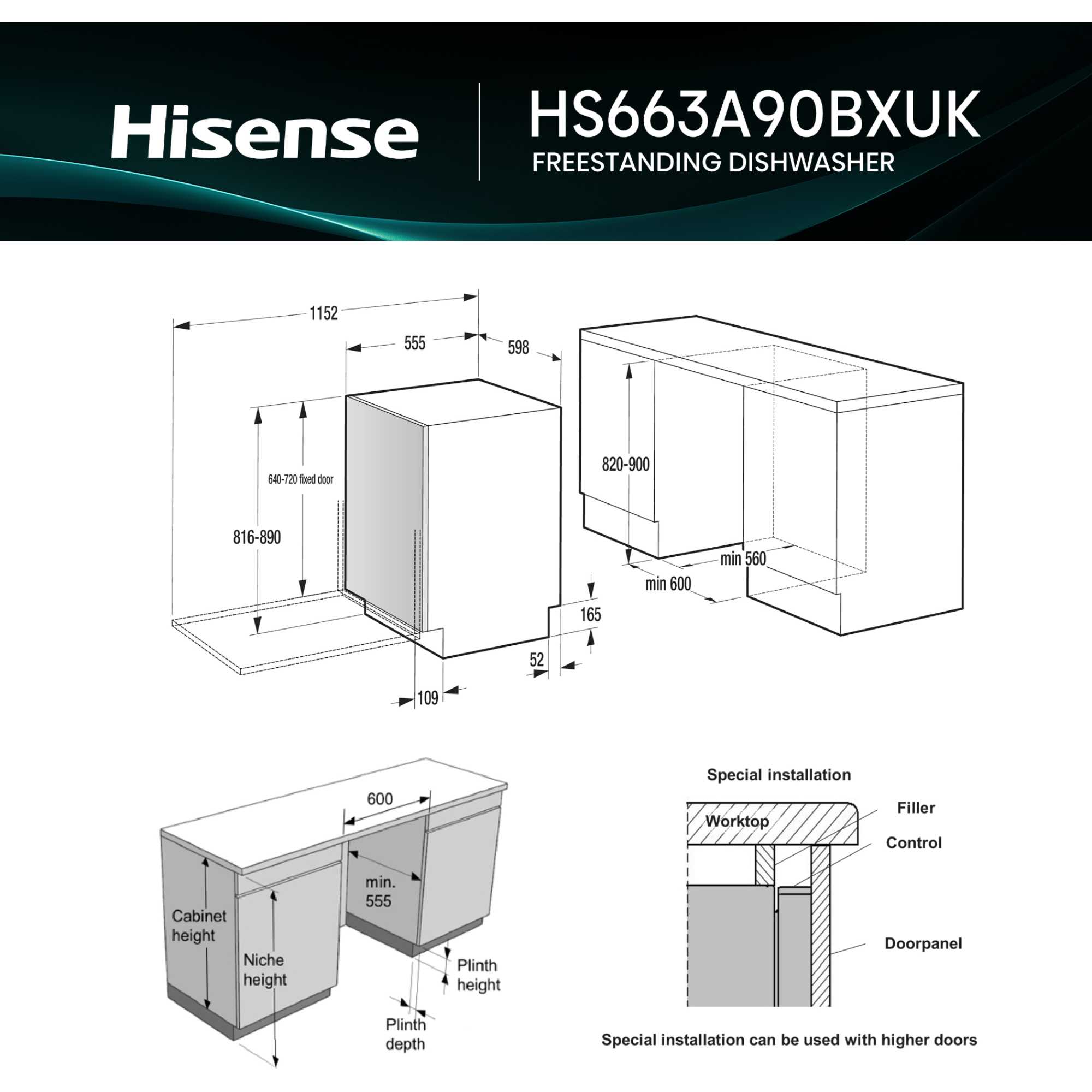 Hi6 Full-Sized Freestanding Dishwasher - HS663A90BXUK
