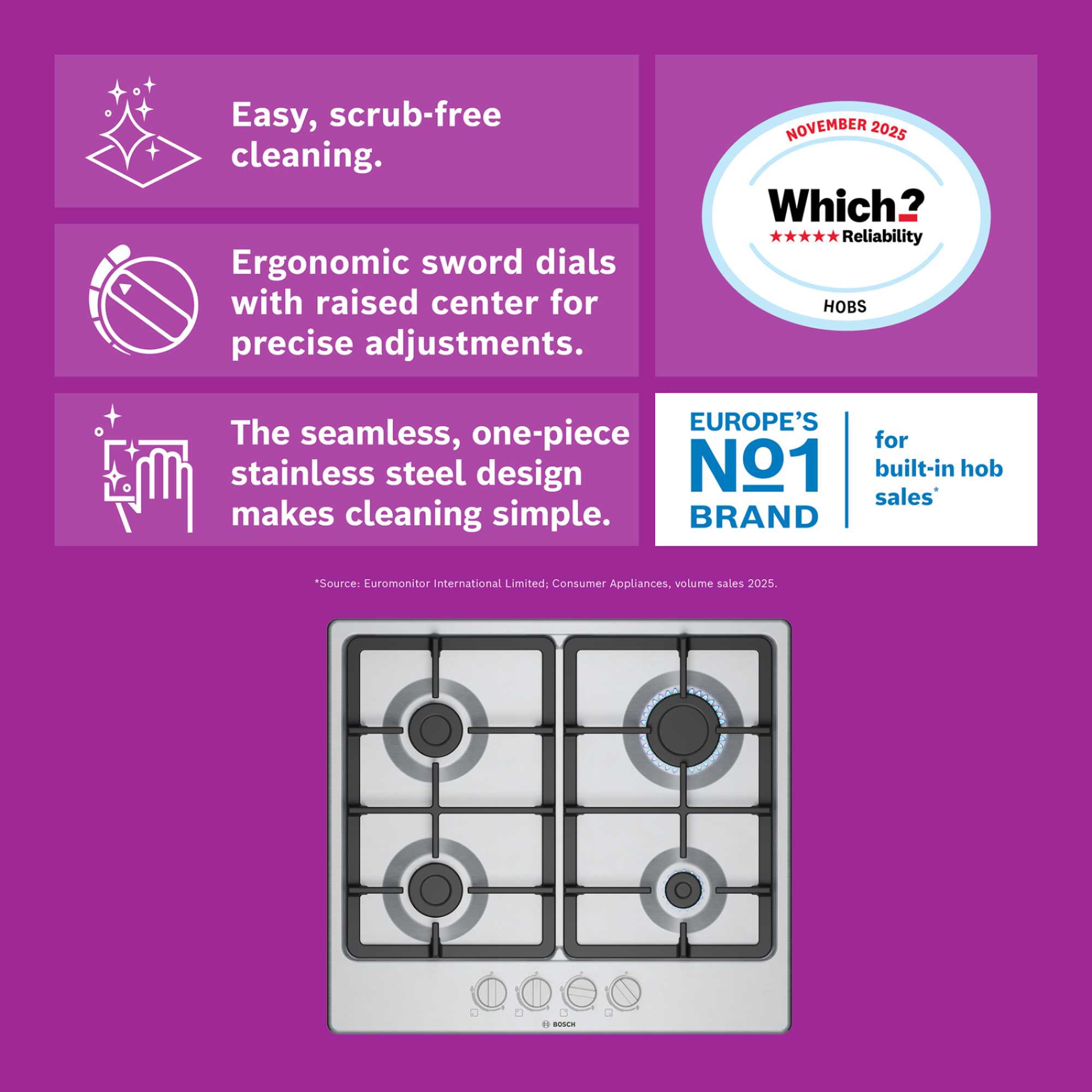 PGP6B5K90 Series 4 60cm 4 Burner Gas Hob - Stainless Steel