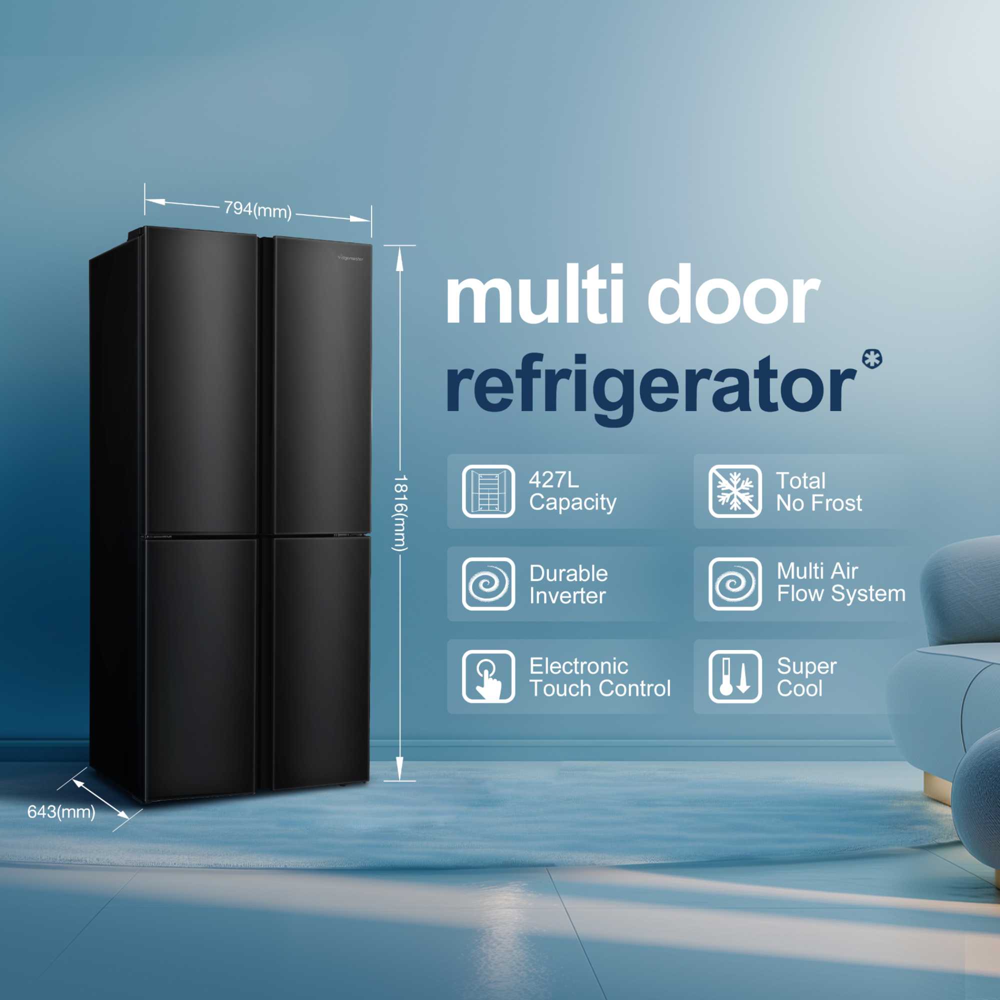 MQ79394EB 427l Total No Frost Multi Door American Style Fridge Freezer - Black