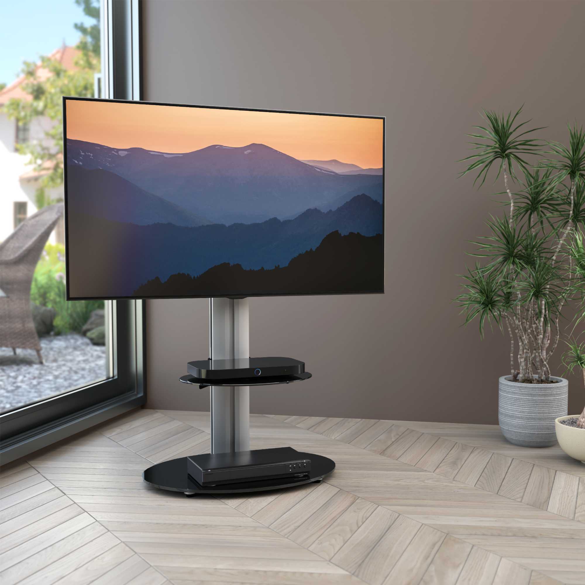 FSL600ENSB Eno 60cm Pedestal TV Stand with Shelf - Glass