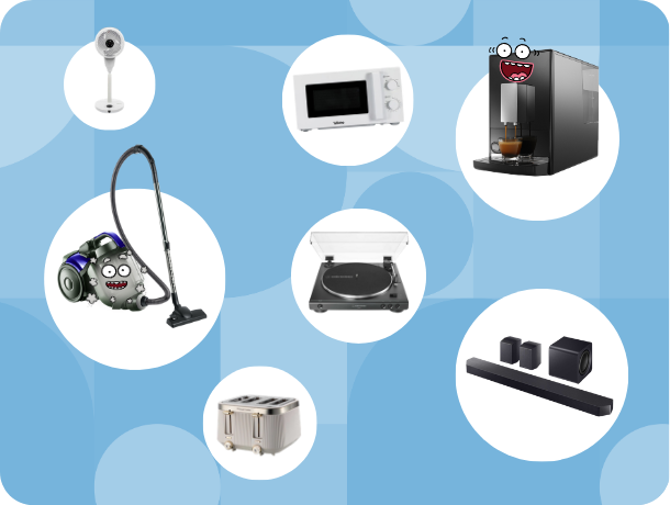 Selection of small home appliances including vacuum cleaner, microwave, coffee machine, toaster, turntable, and soundbar system.
