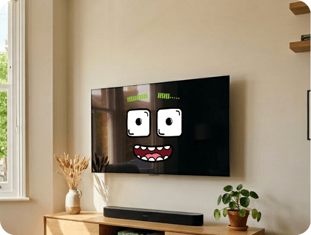 Wall-mounted flat screen smart TV displaying a playful animated face above a soundbar in a bright modern living room with wooden furniture and indoor plants
