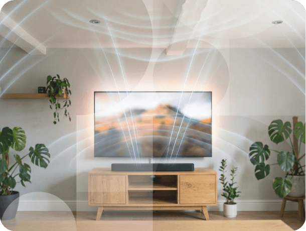 Soundbar emitting directional audio waves across living room from TV stand