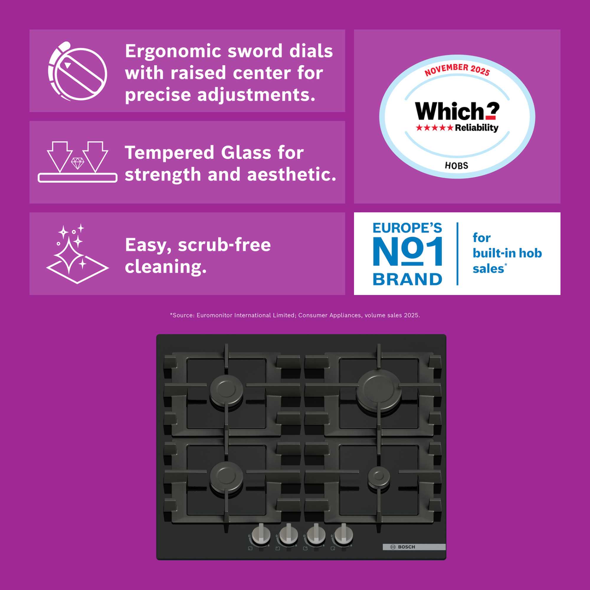 PNP6B6K40 Series 4 60cm 4 Burner Glass Gas Hob - Black