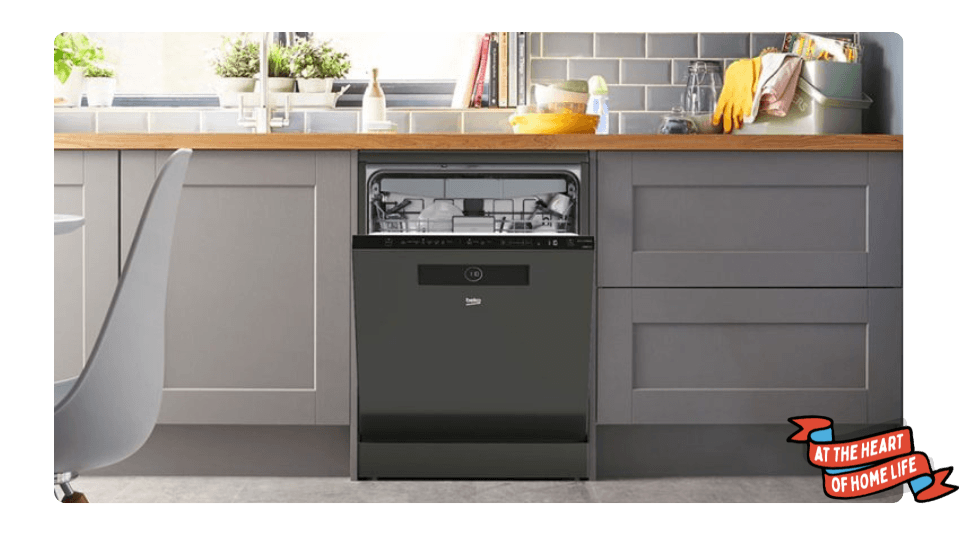 Beko BDEN38640FG Fast45 Dishwasher with open door showing interior racks