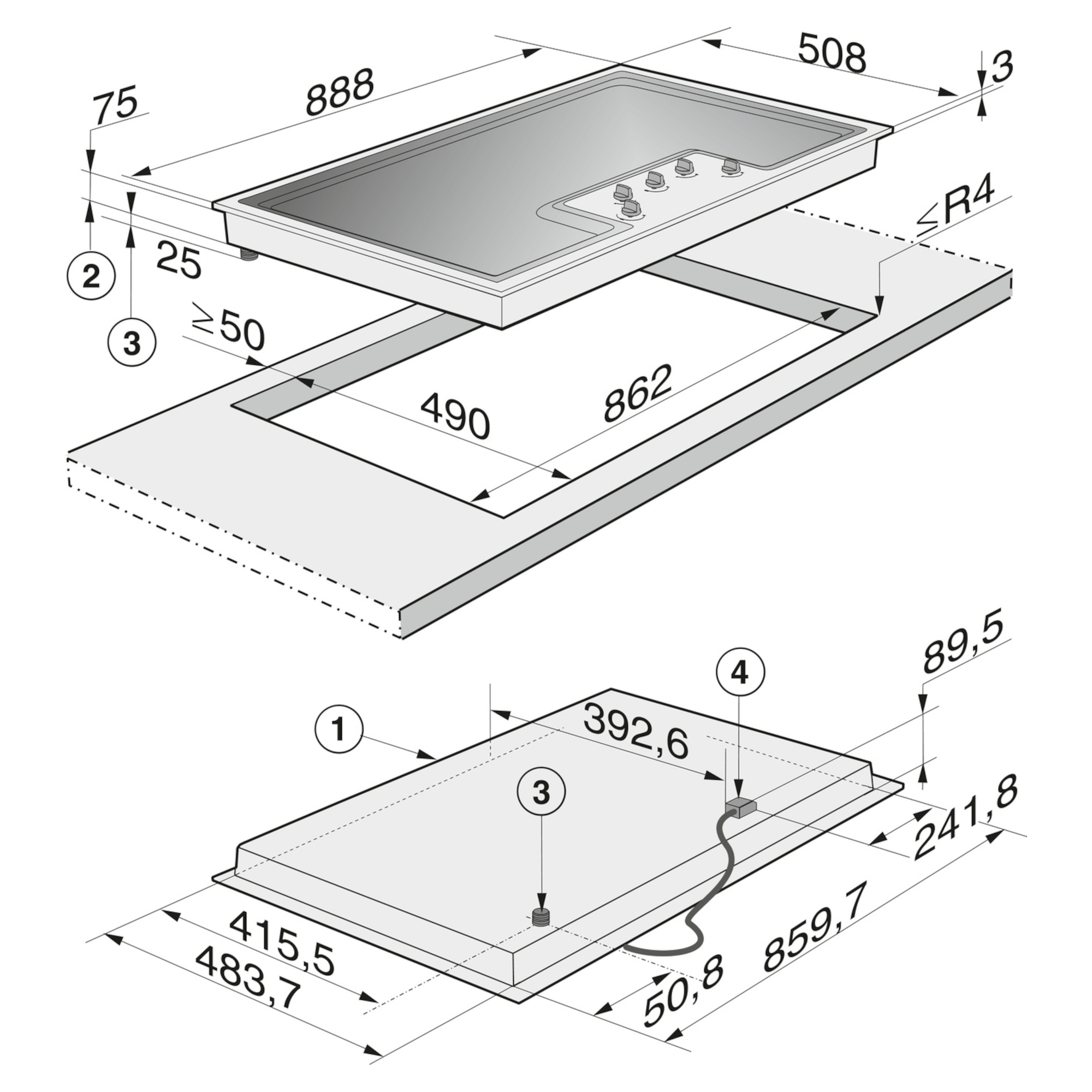 KM2354SS 888mm Built-In 5 Burner Gas Hob