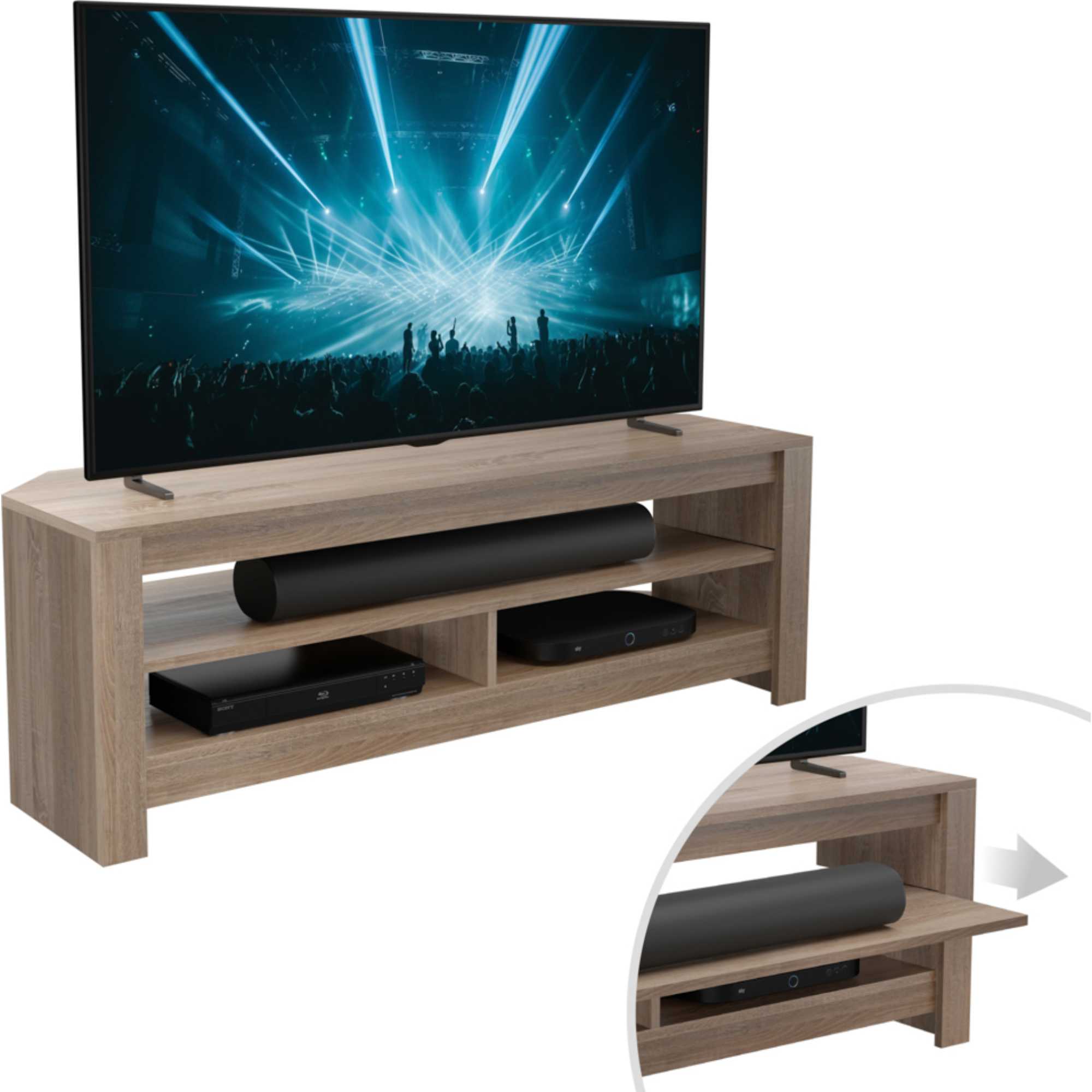 CAS120GO Calibre Sound 1.2m TV Stand with Sliding Shelf - Rustic Sawn Oak