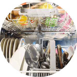 Close up of dishwasher, showcasing intensive washing zones.