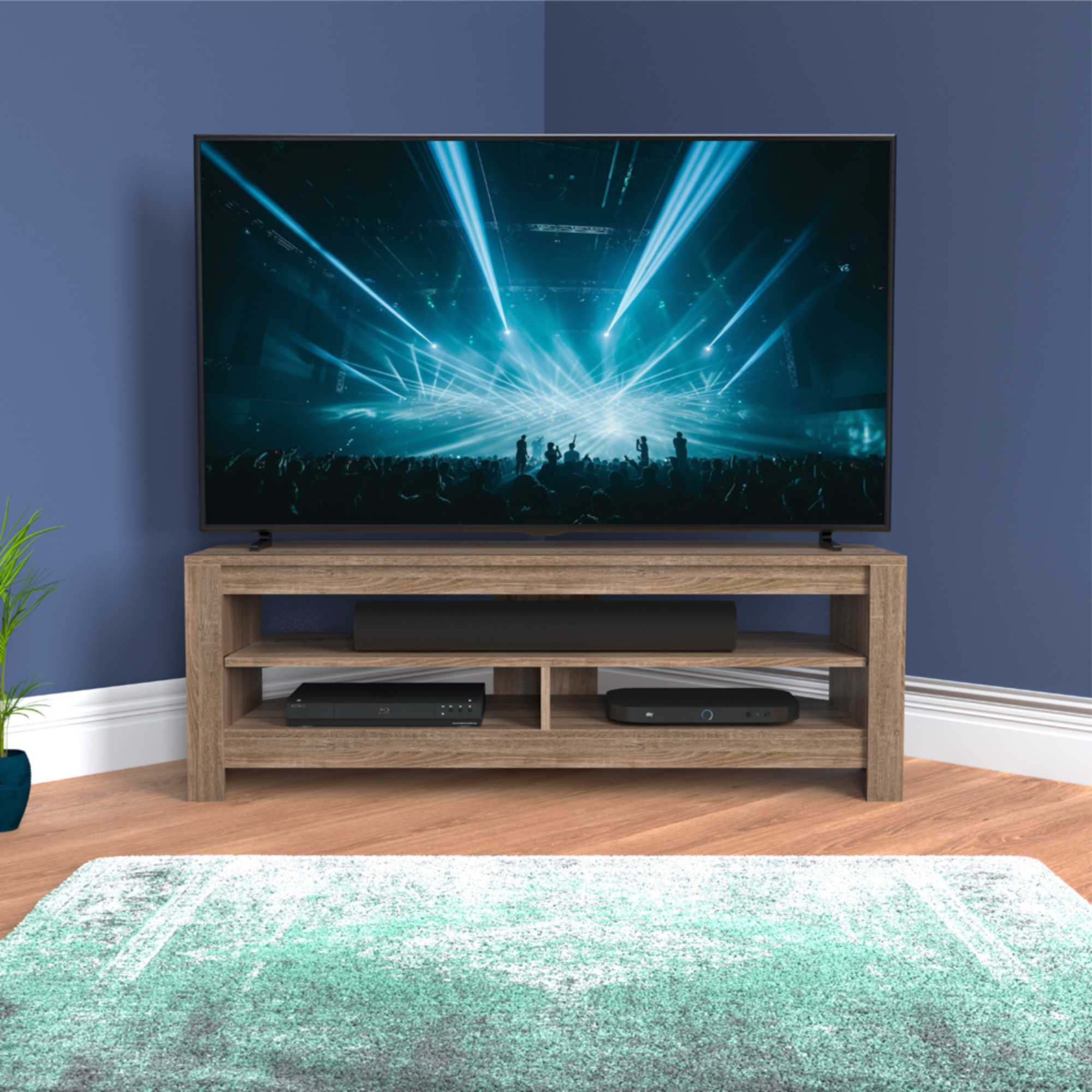 CAS120GO Calibre Sound 1.2m TV Stand with Sliding Shelf - Rustic Sawn Oak