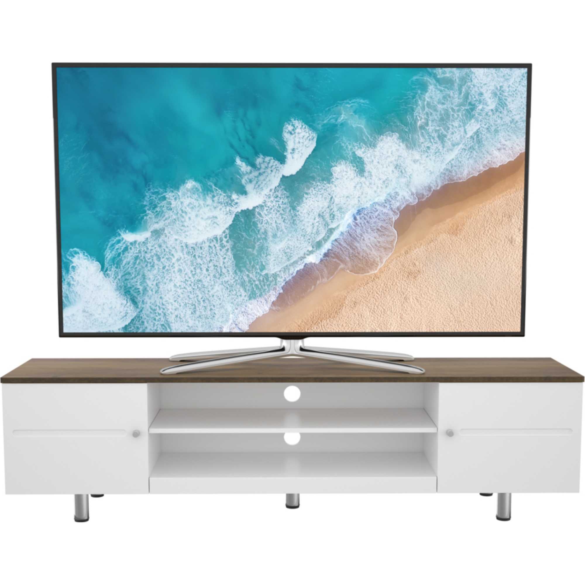 FS1900WSSW Whitesands Open Aperture TV Stand - Satin White & Wood
