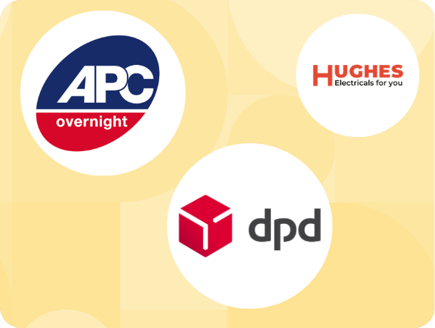 Logos of delivery partners including APC Overnight, DPD, Arrow XL, and Hughes Electricals
