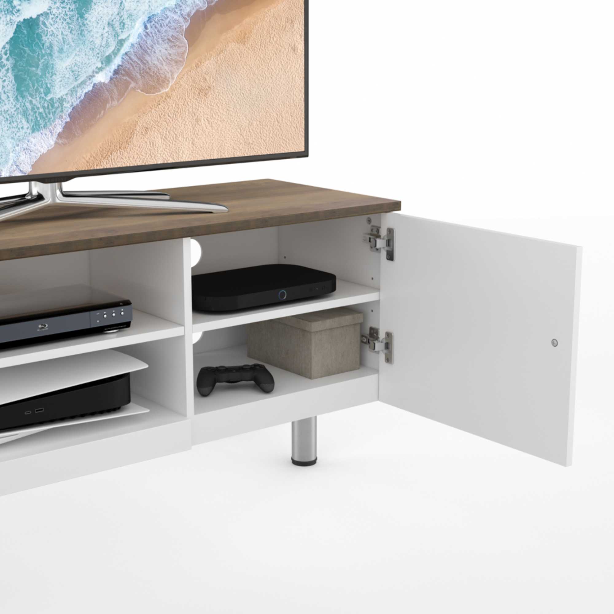 FS1900WSSW Whitesands Open Aperture TV Stand - Satin White & Wood