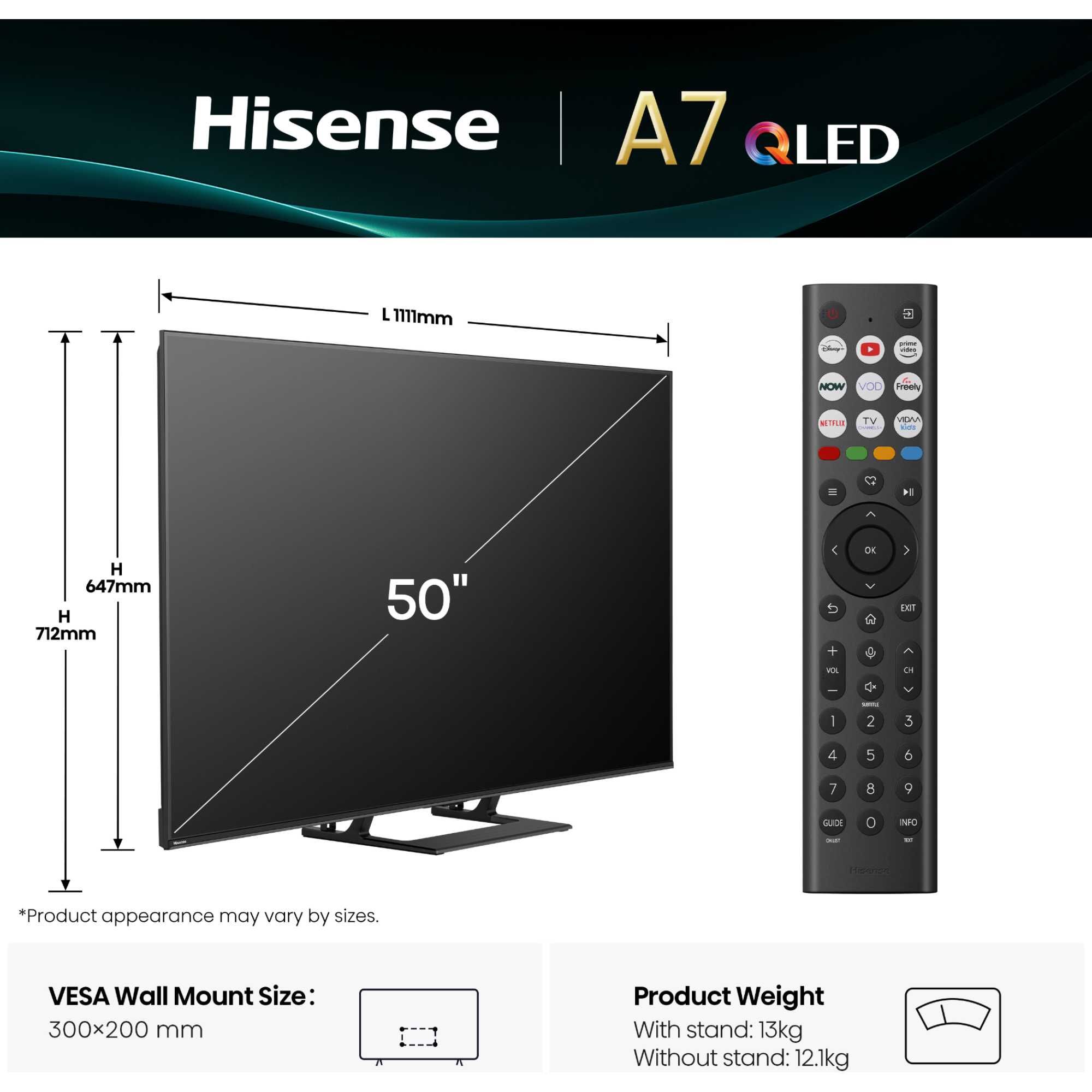 A7QTUK 50" QLED Smart AI TV with Freely - 50A7QTUK