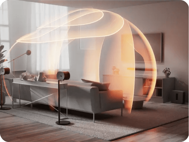 Home cinema setup with Dolby Atmos soundbar and immersive audio effects filling the room