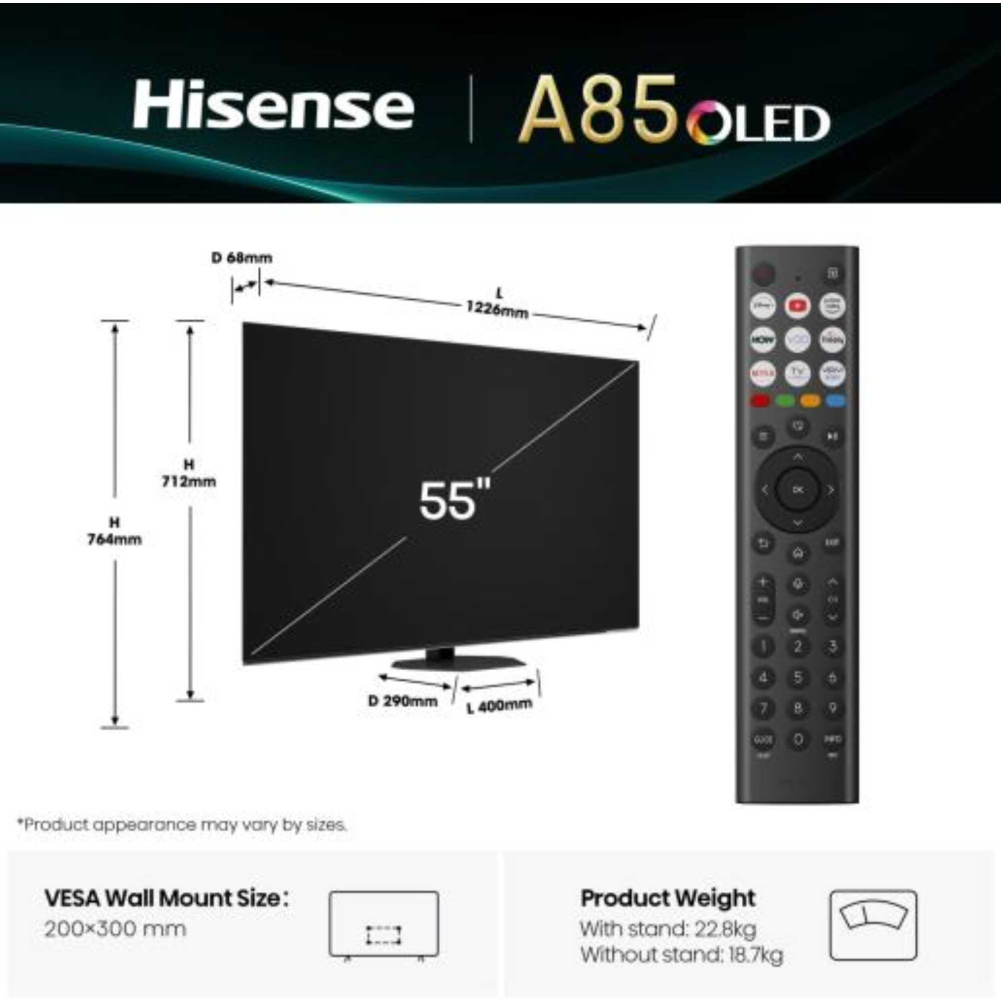 A85Q 55" 4K Ultra HD OLED Freely AI Smart TV 55A85QTUK