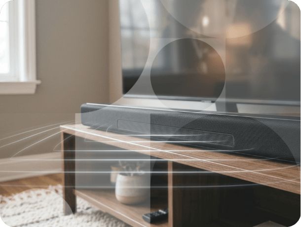 Soundbar placed on wooden media unit beneath flat-screen TV in bright living room