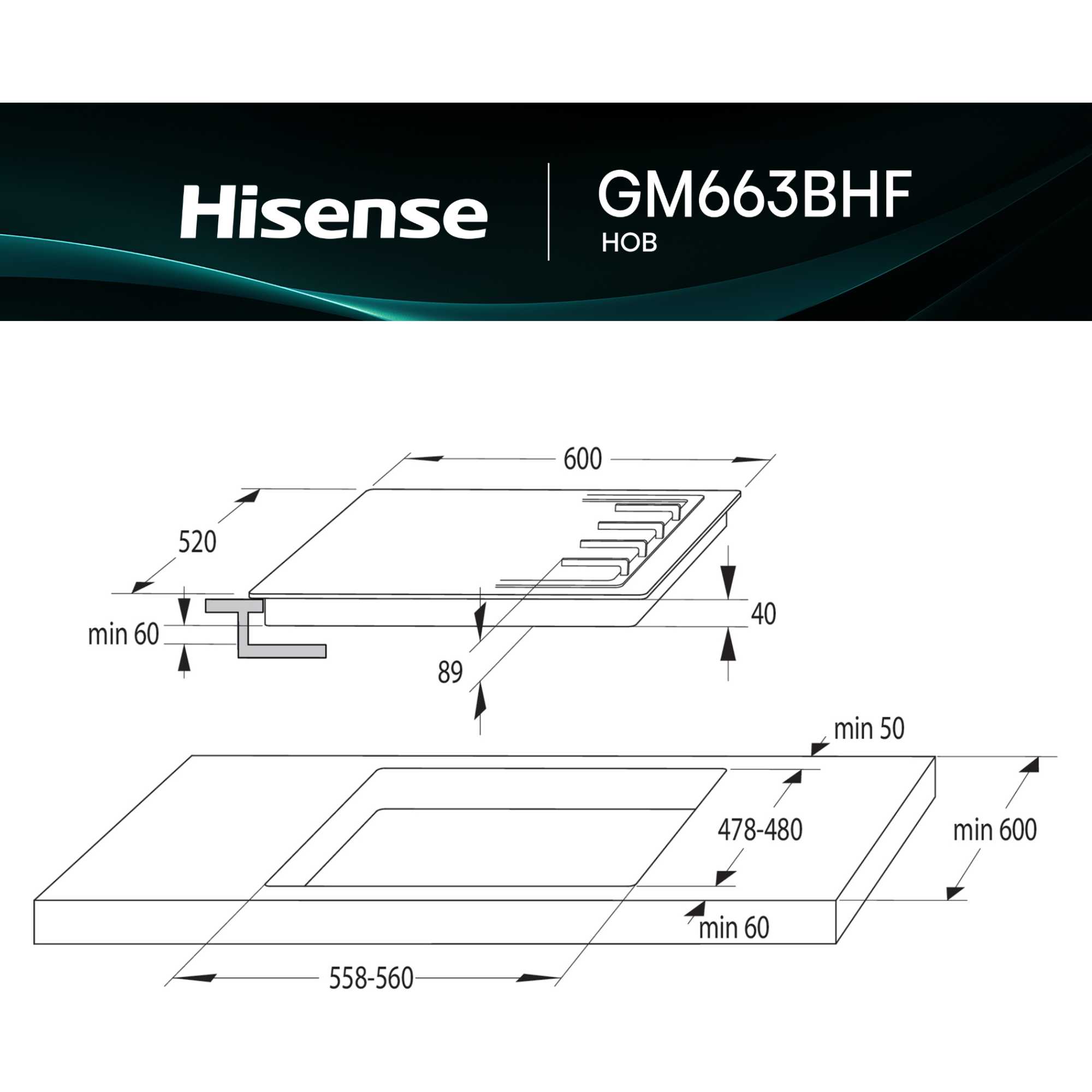 GM663BHF Hi2 60cm 4 Zone Gas Hob - Black
