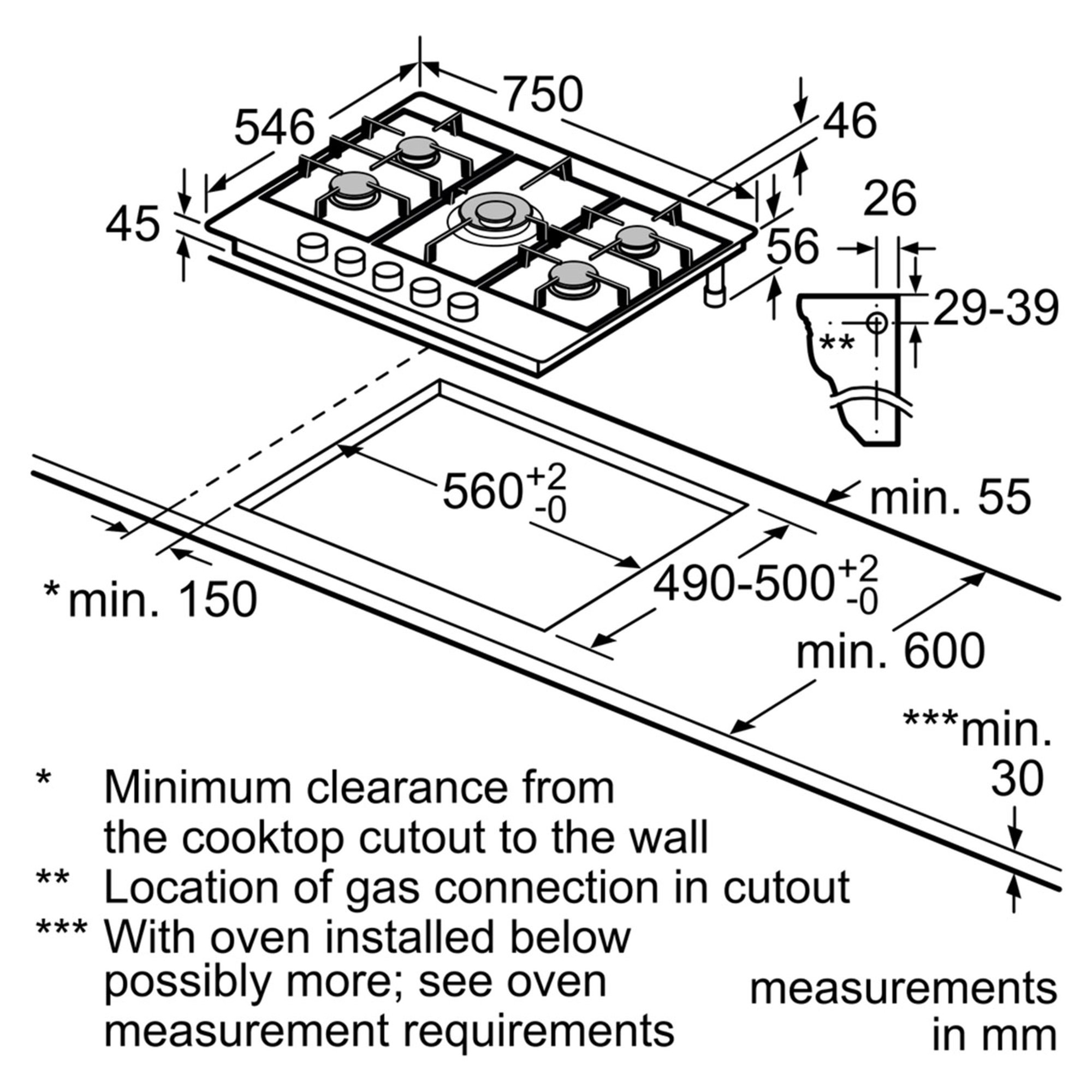 T27TA69N0 750mm Built-In 5 Burner Gas Hob