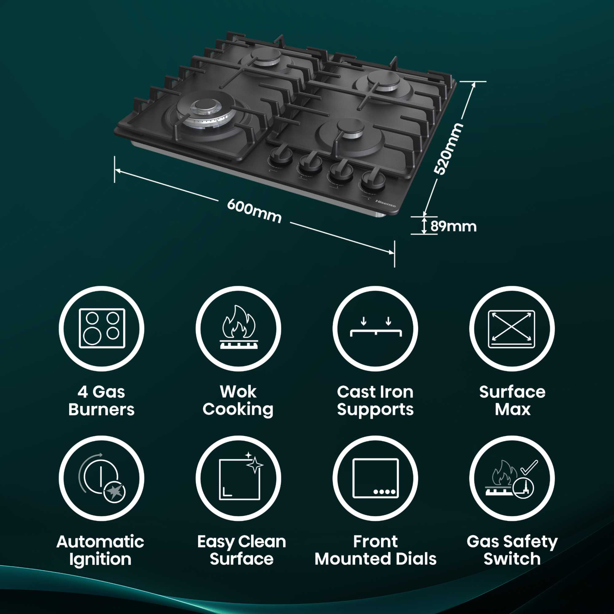 GM663BHF Hi2 60cm 4 Zone Gas Hob - Black