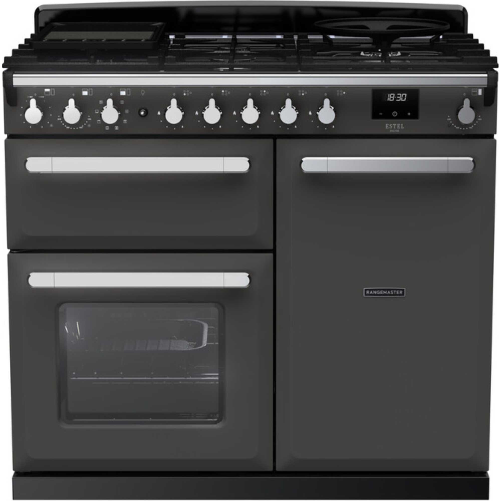 ESDL100DFPSLTCM1 Estel Deluxe 100 Dual Fuel Range Cooker - Slate with Chrome Trim