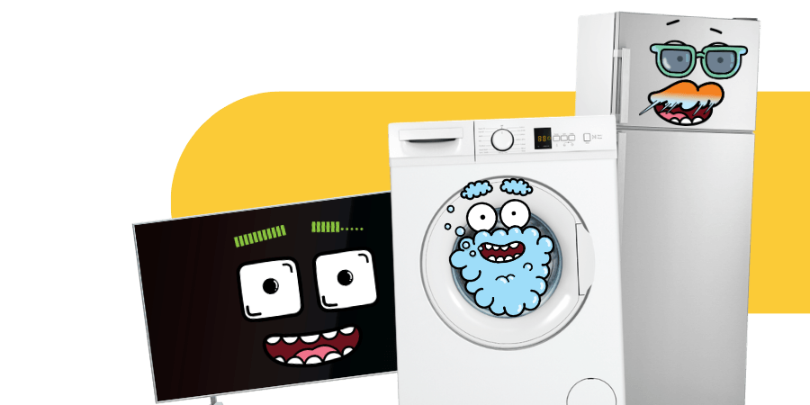Illustration of a TV, washing machine and fridge freezer with playful cartoon faces, representing household appliance warranties.