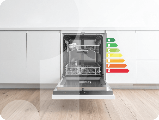 Dishwasher with energy efficiency ratings.