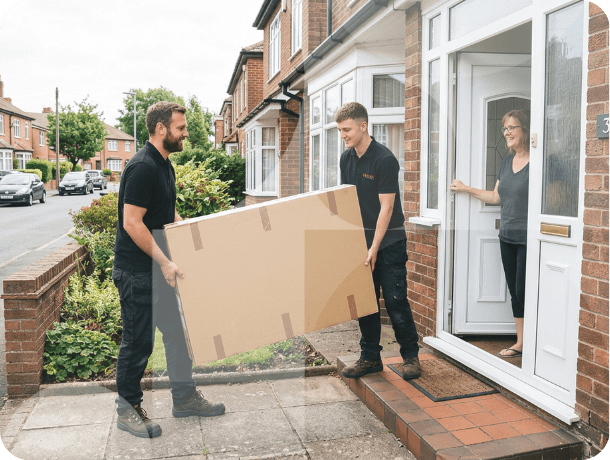 Two delivery professionals carrying a large boxed television to a customer’s front door in a suburban neighbourhood during a home TV delivery service.