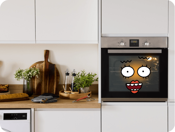 Integrated Alimo oven in modern kitchen cabinetry with countertop accessories and cooking utensils.