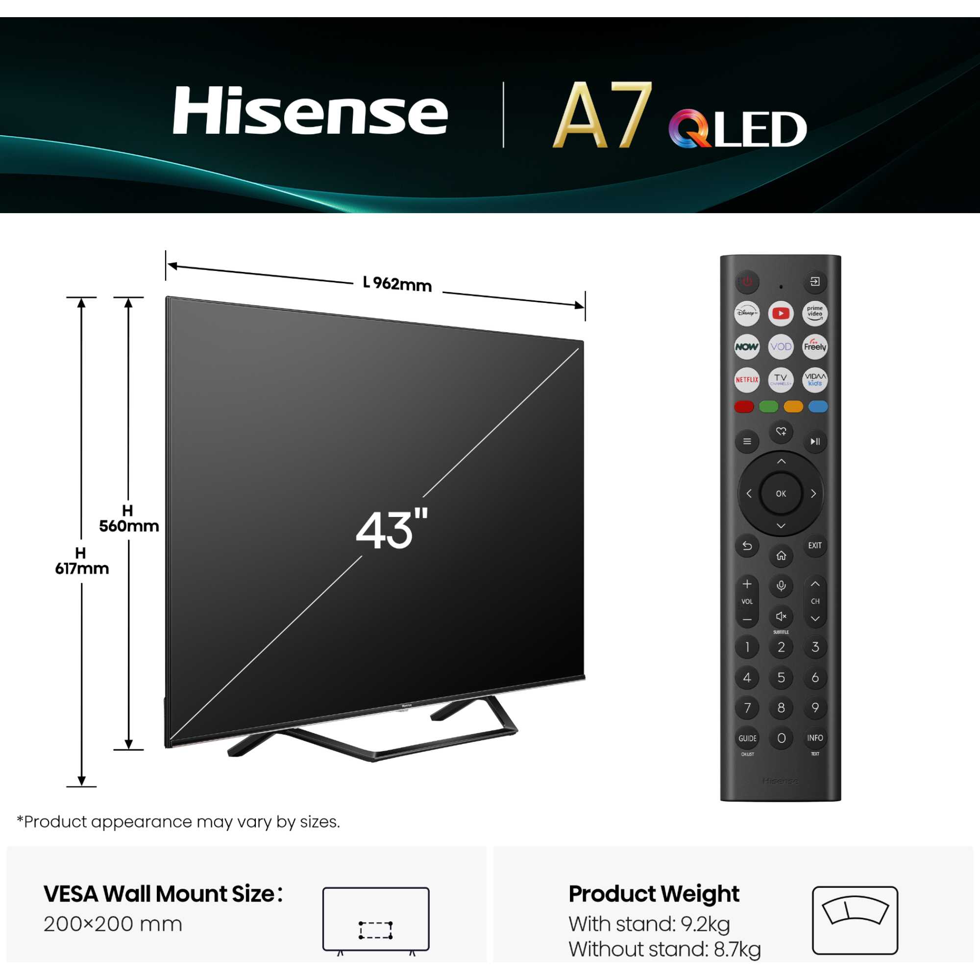 A7QTUK 43" QLED Smart AI TV with Freely - 43A7QTUK