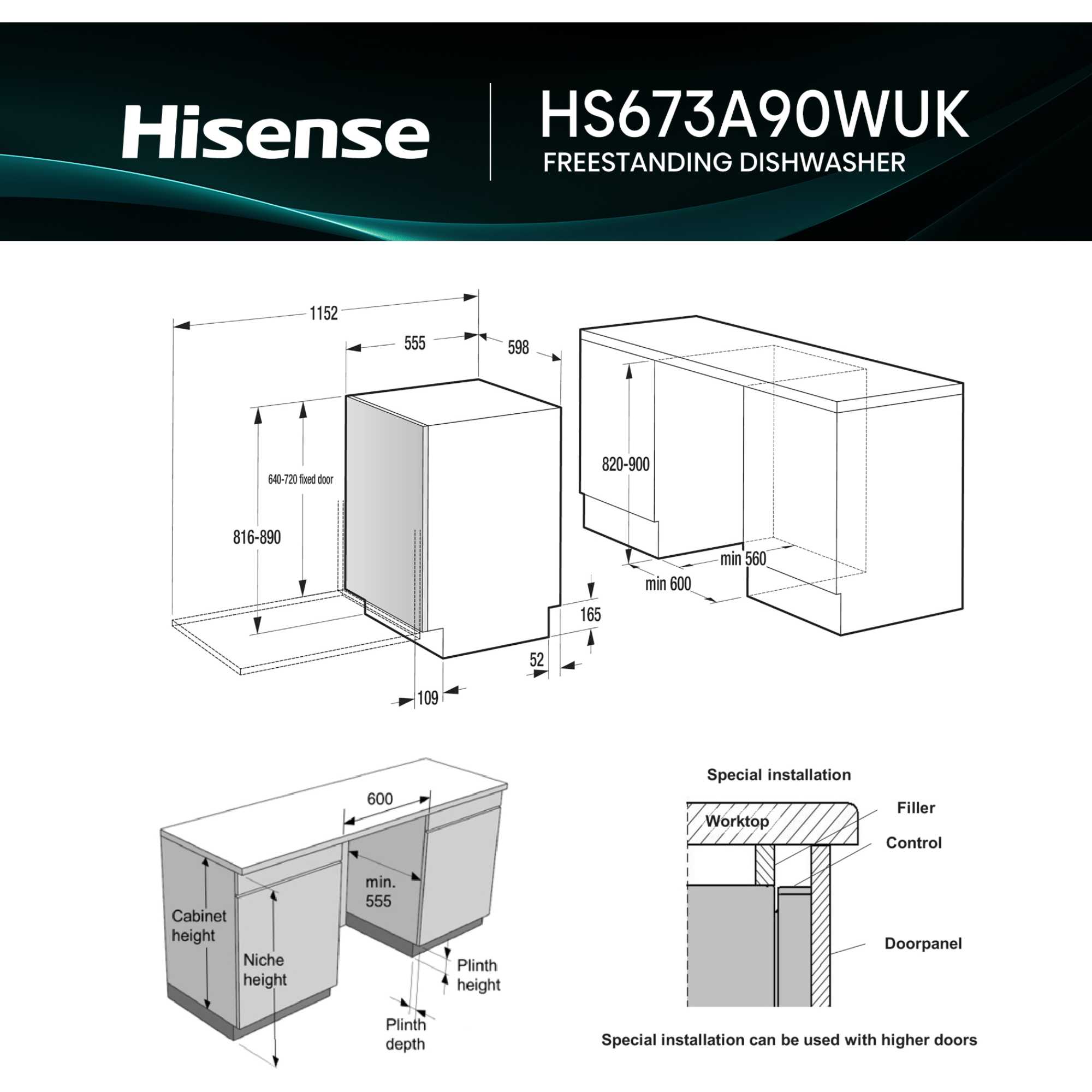 Hi6 Freestanding Full-Sized Dishwasher - HS673A90WUK