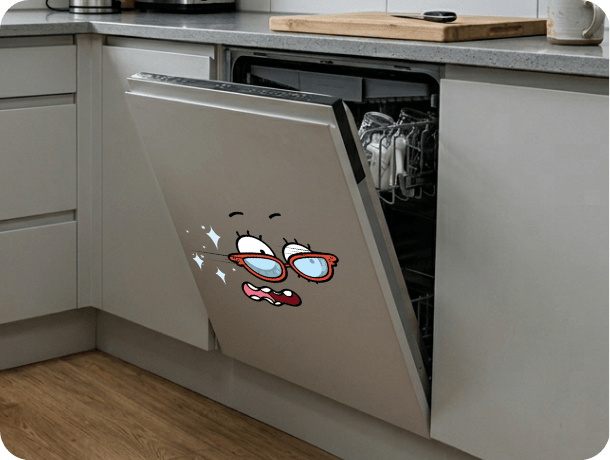Built-in dishwasher with door open in modern kitchen cabinet during installation setup.