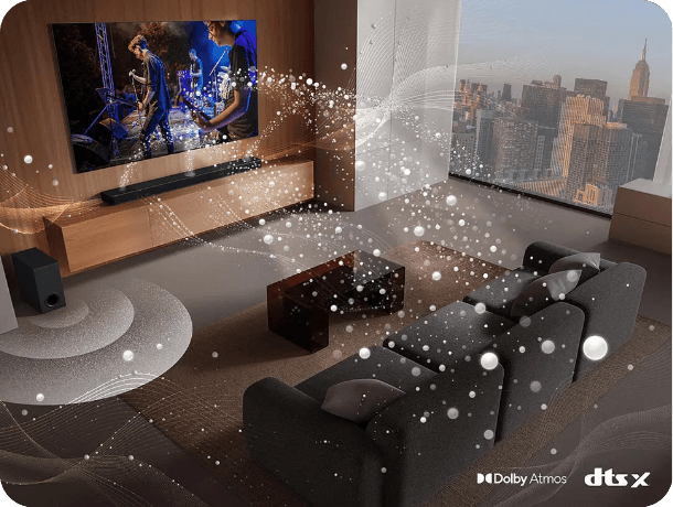 Home cinema setup with Dolby Atmos soundbar and immersive audio effects filling the room