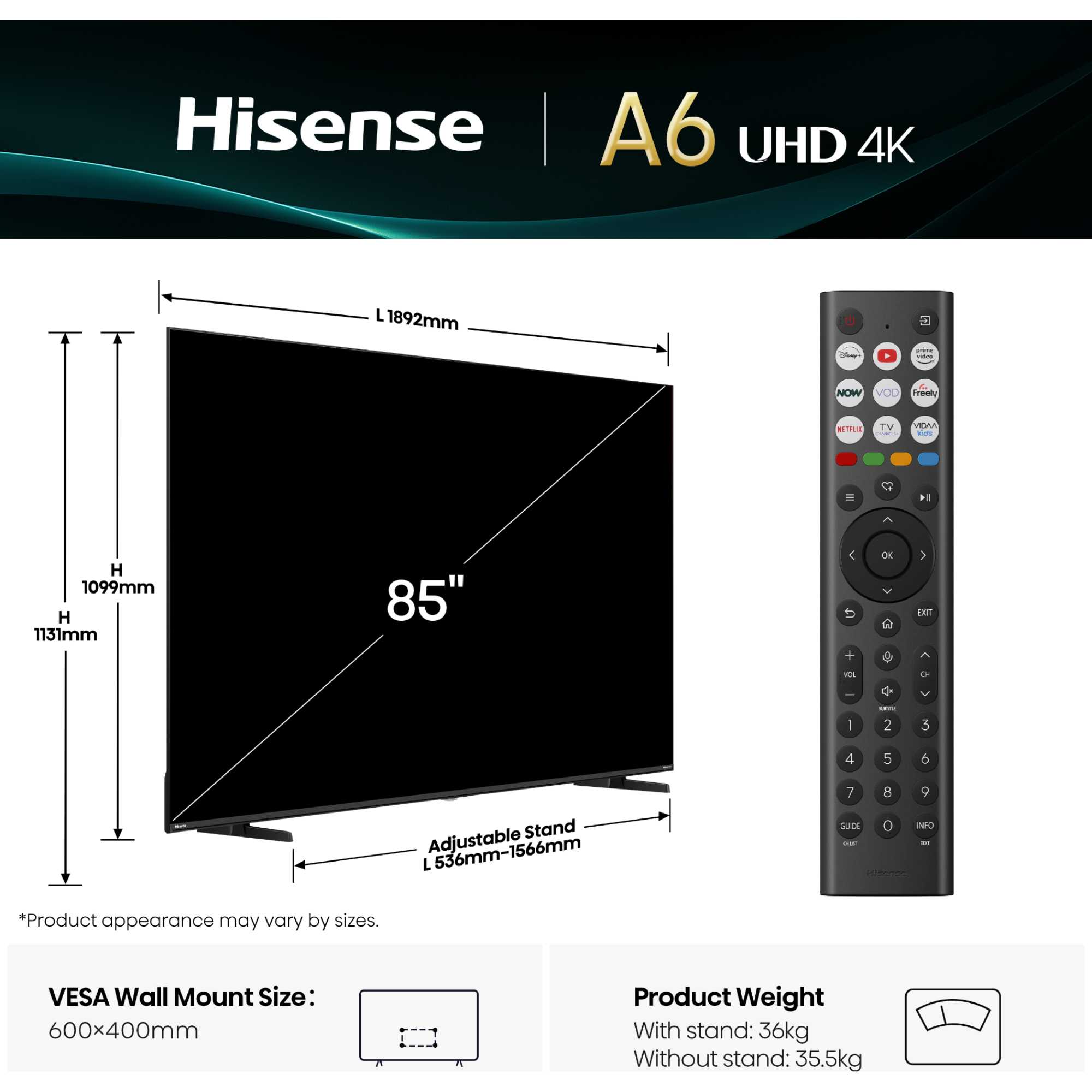 A6QTUK 85" 4K Ultra HD LED Freely Smart TV - 85A6QTUK