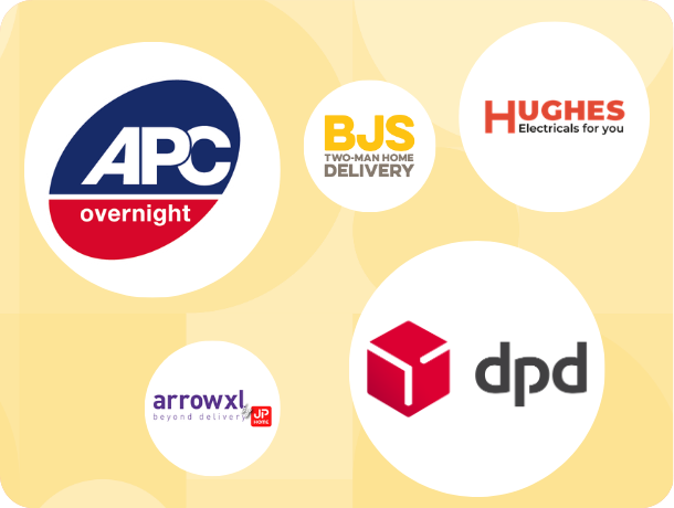 Logos of delivery partners including APC Overnight, DPD, Arrow XL, and Hughes Electricals