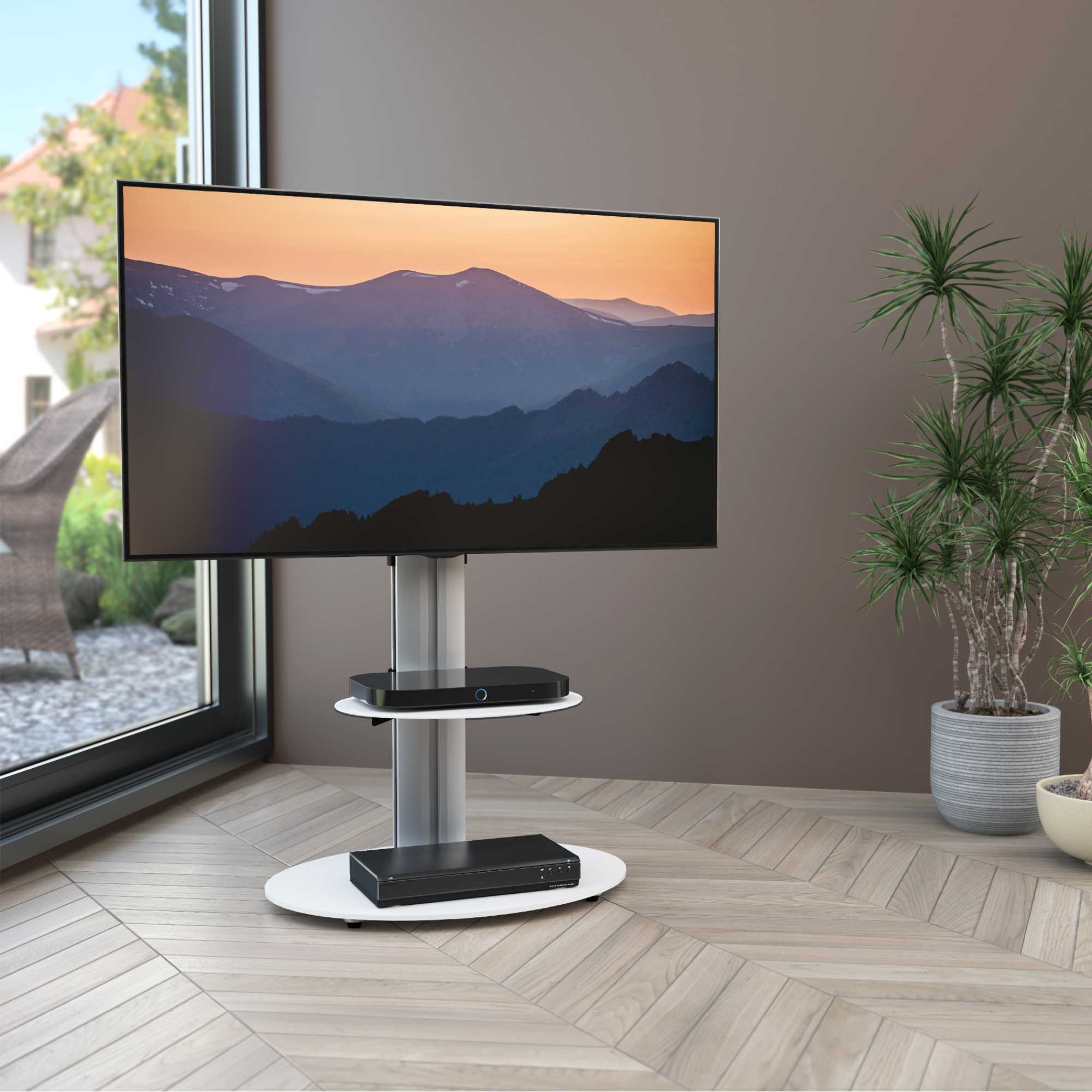 FSL600ENSW Eno 60cm Pedestal TV Stand with Shelf - Glass