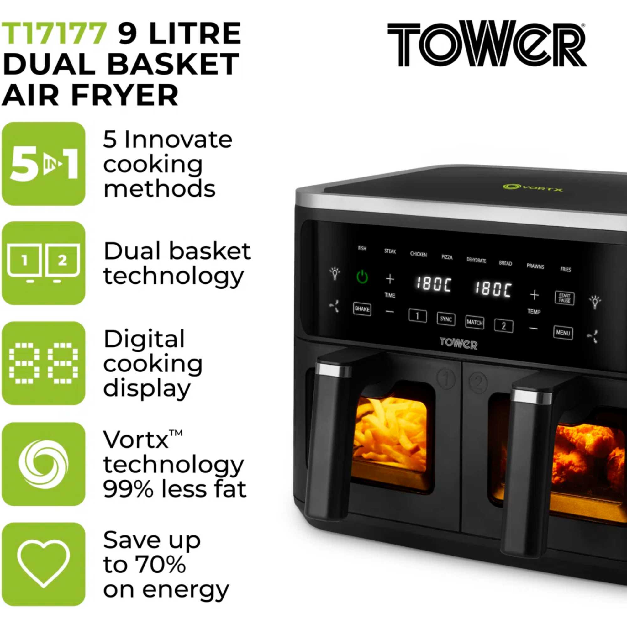 T17177 Vortx Vizion 9L Dual Basket 9 Functions Air Fryer - Black