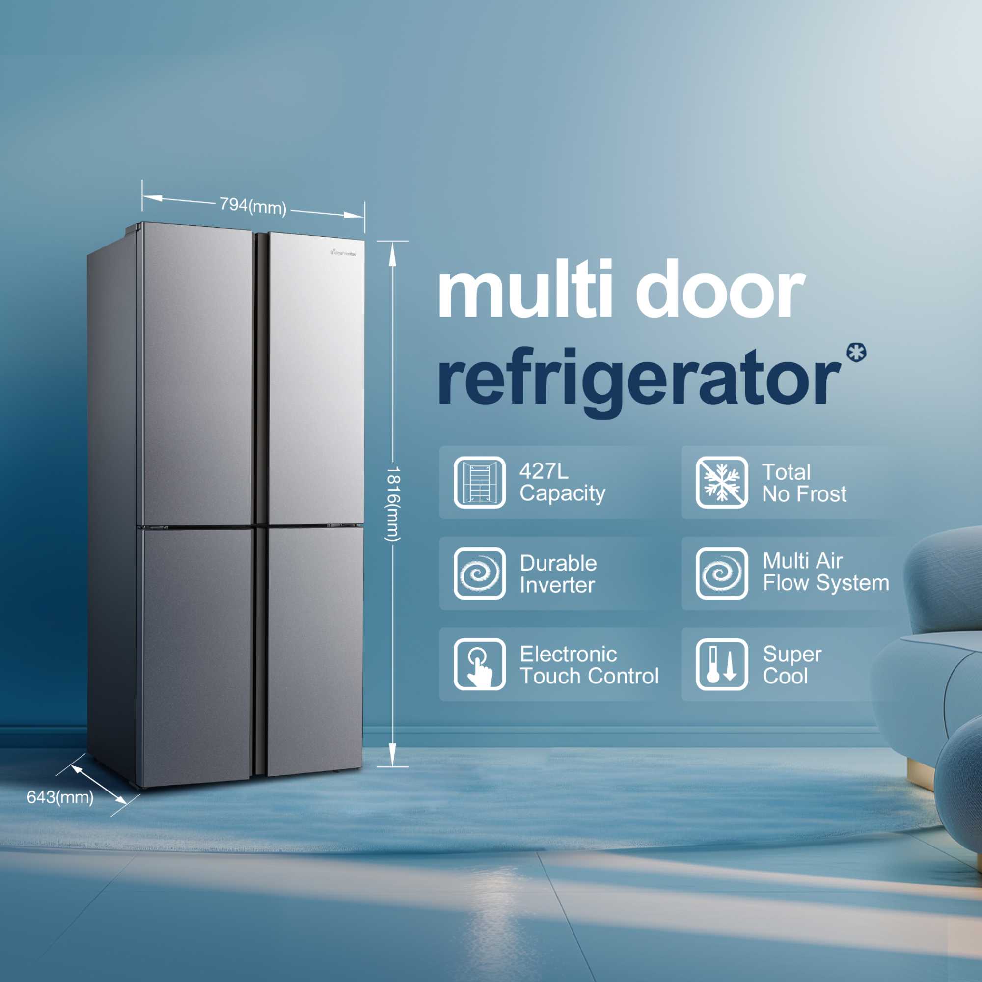 MQ79394ES 427l Total No Frost Multi Door American Style Fridge Freezer - Silver