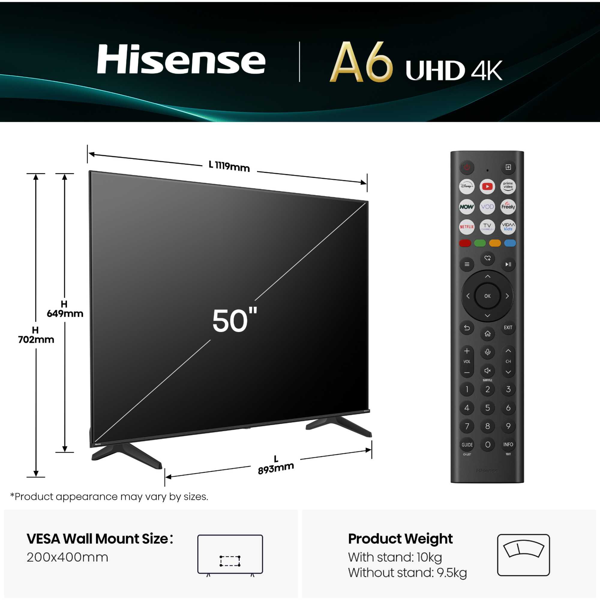 A6QTUK 50" 4K Ultra HD LED Freely Smart TV - 50A6QTUK