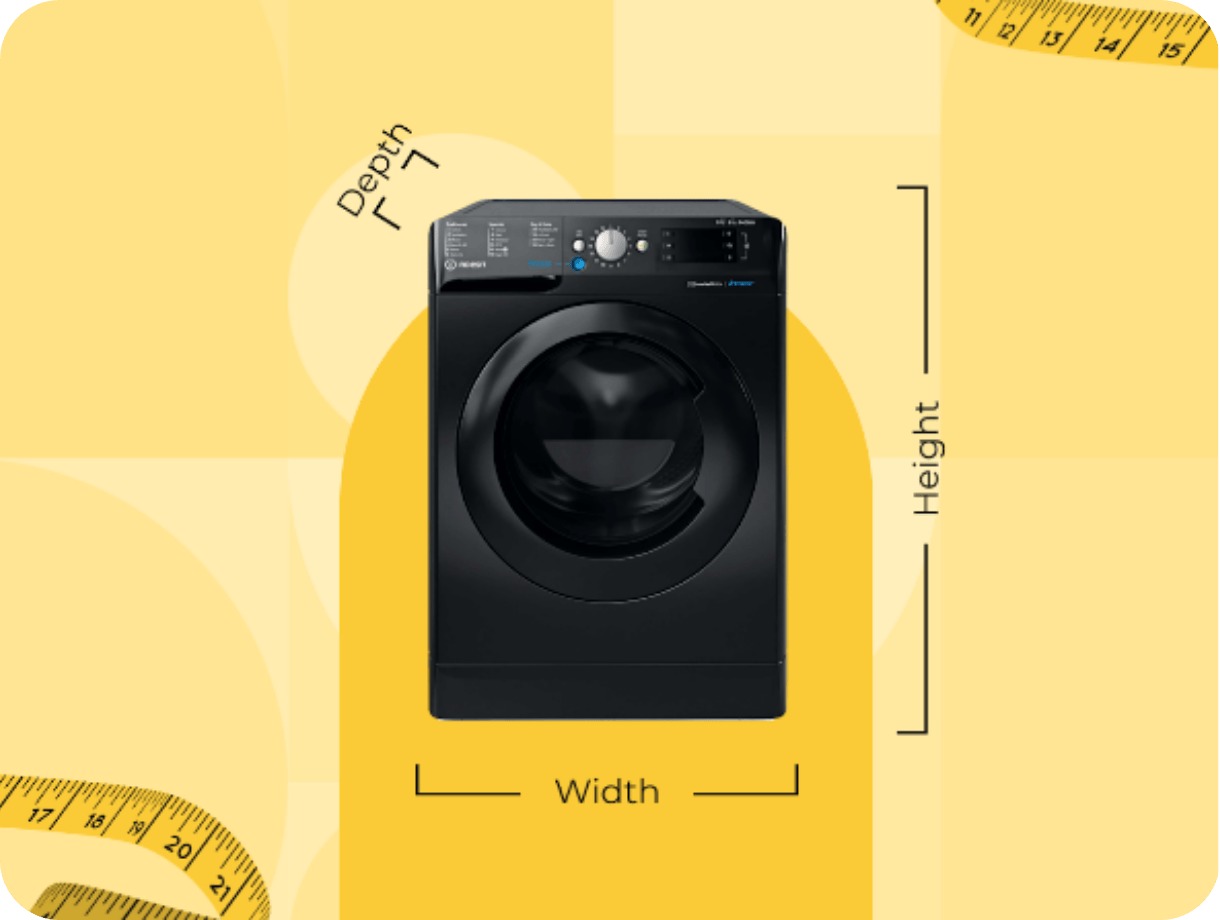 A diagram showing you how to measure the size of a washing machine. 
