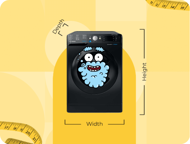 A diagram showing you how to measure the size of a washing machine. 