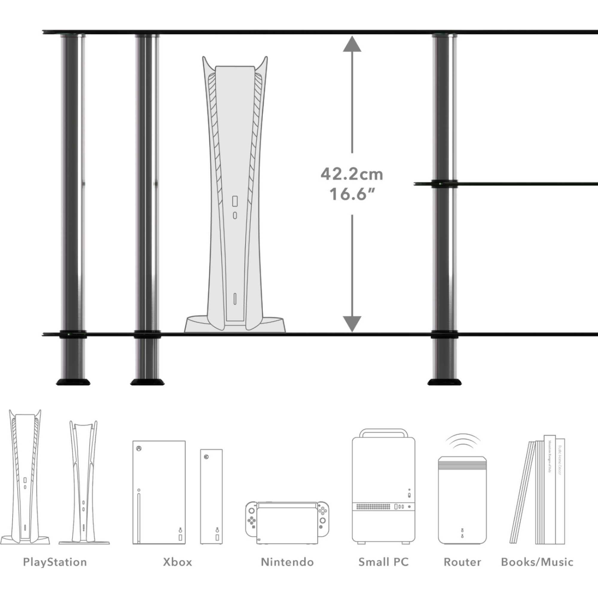 SDC1140-5 Glass TV Stand With Vertical Storage - Black/Chrome