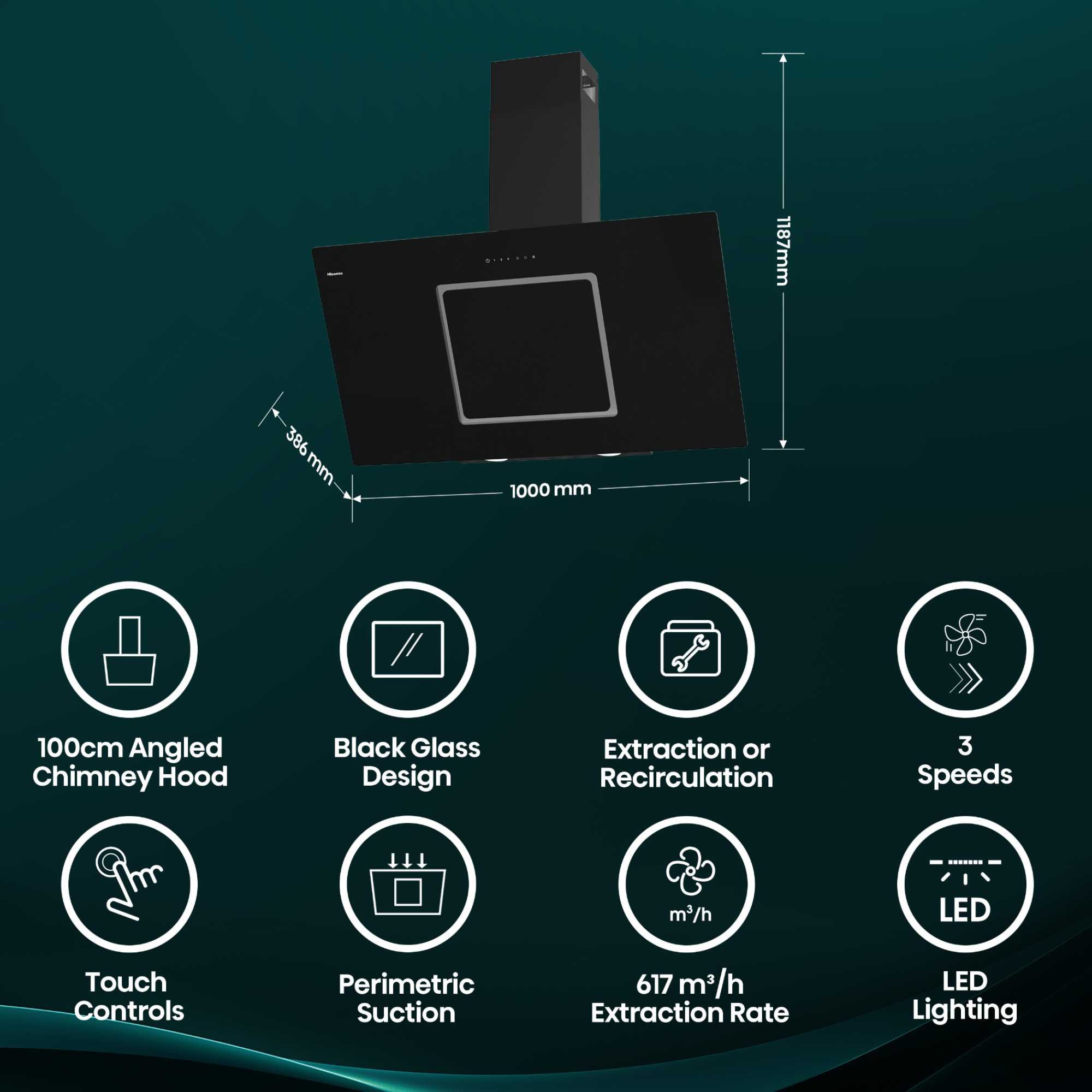 Hi4 Decorative CH10IN14BBUK 100cm Built-In Chimney Hood - Black