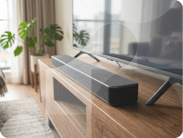 Modern living room with TV and soundbar projecting immersive audio throughout the space 