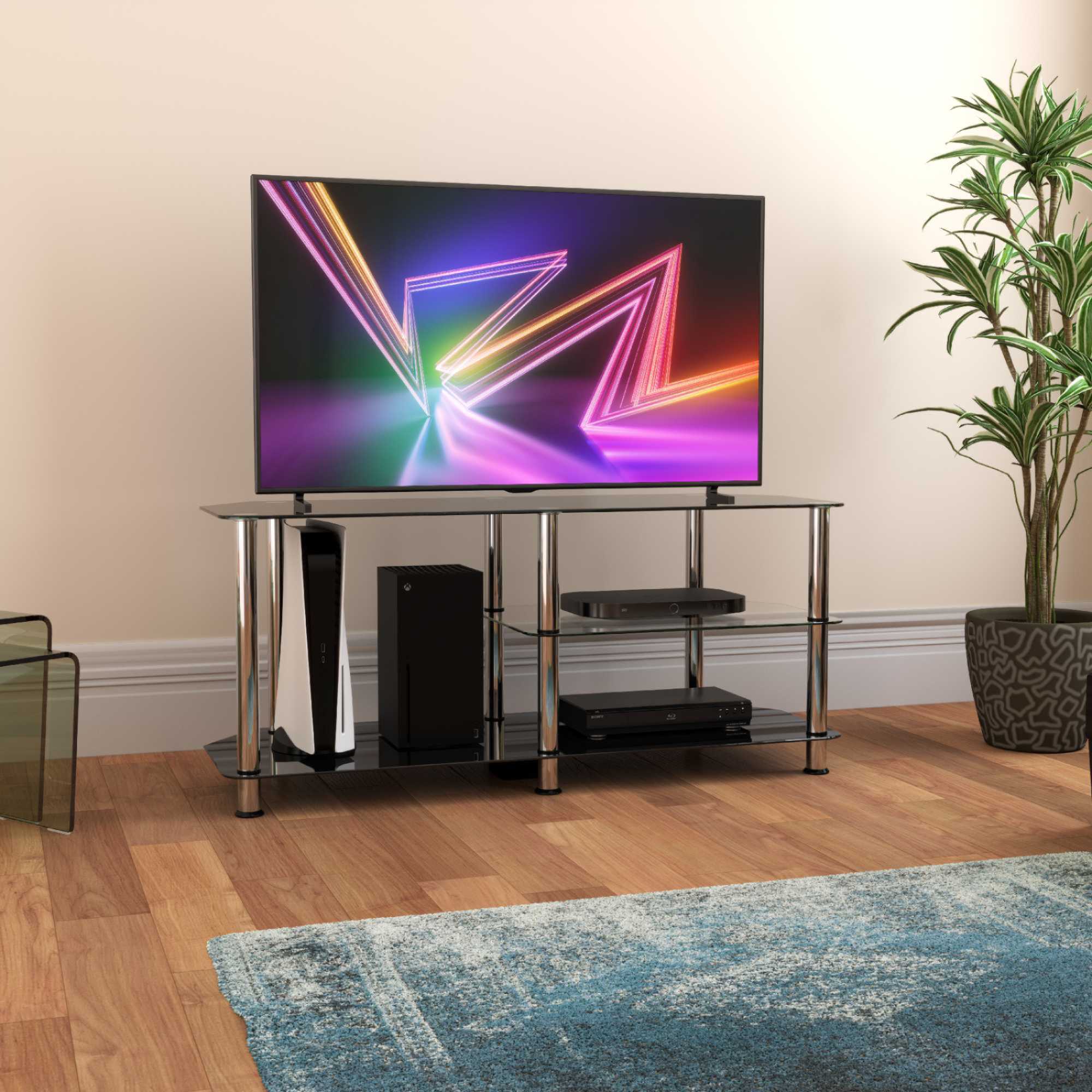 SDC1140-5 Glass TV Stand With Vertical Storage - Black/Chrome