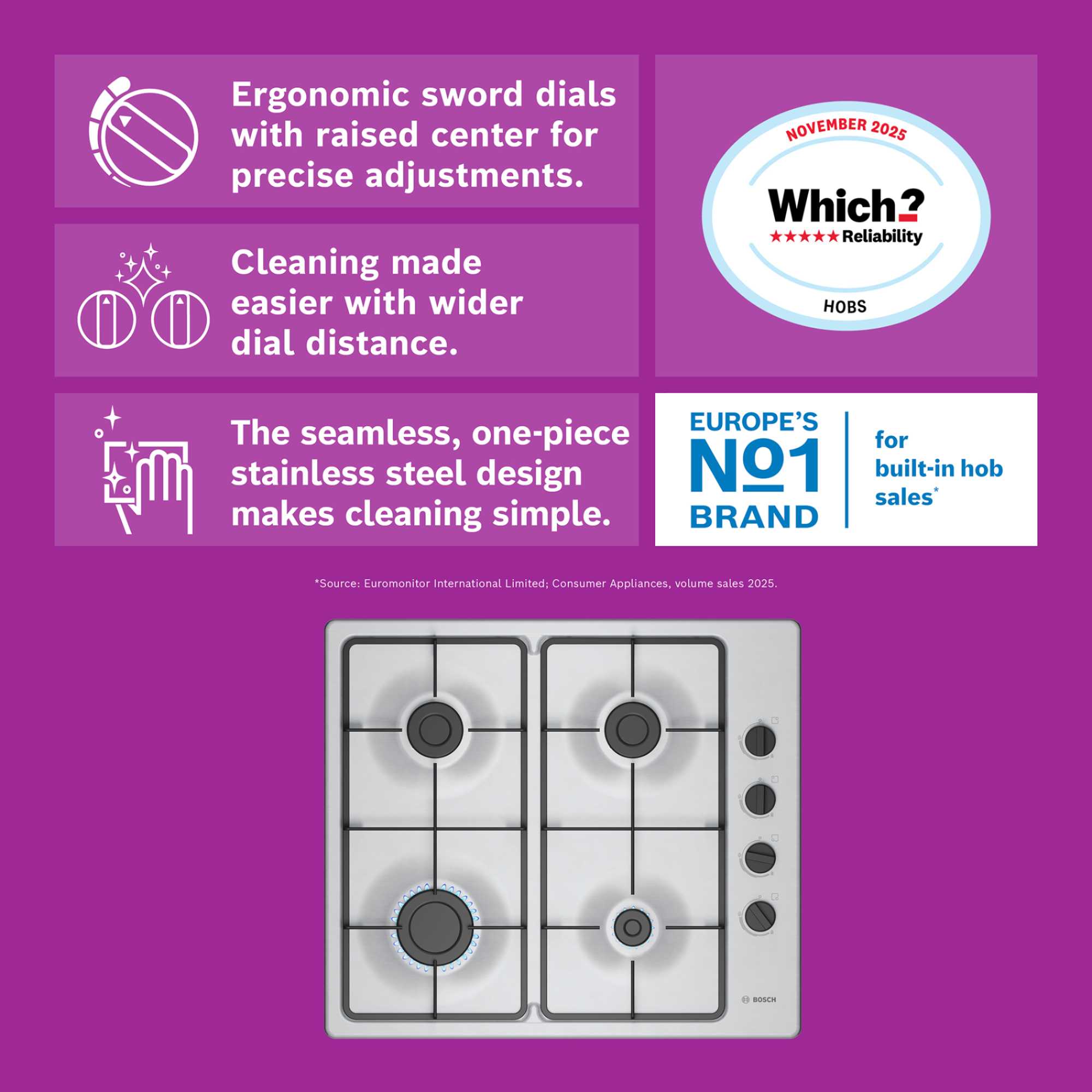 PBP6B5K60 Series 2 Gas 4 Burner Hob - Stainless Steel