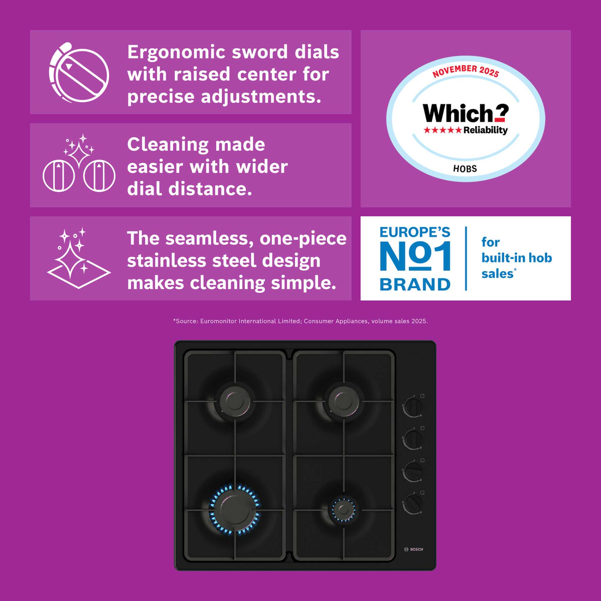 PBP6B6K60 Series 2 60cm Gas 4 Burner Hob - Black