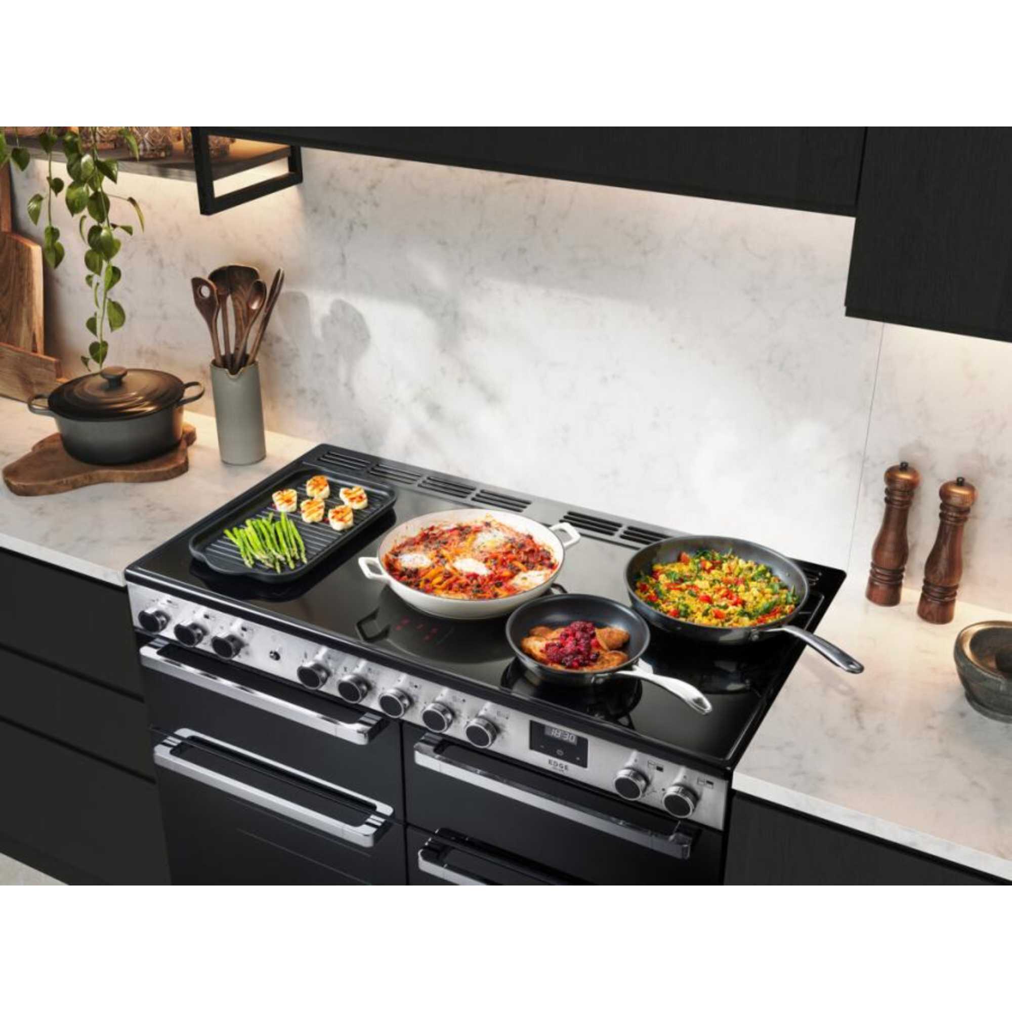 EDDLB110EIGBLKCM Edge Deluxe 110 Induction Hob Range Cooker - Black Glass with Chrome Trim